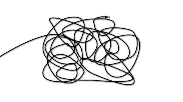 Hand drawn tangle scrawl sketch or white line like finding a solution abstract scribble shape. 4K render footage animation