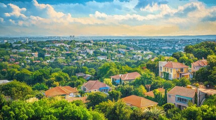 Fototapeta premium Panoramic view of a residential area nestled in lush greenery, under a vibrant sky.