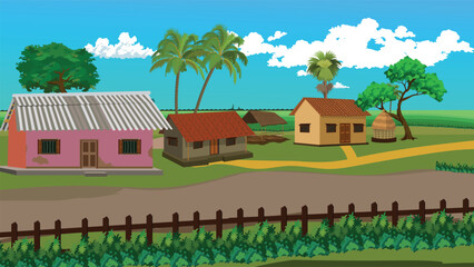 Rural village landscape with houses and trees beside a dirt road and green field.Countryside background vector illustration