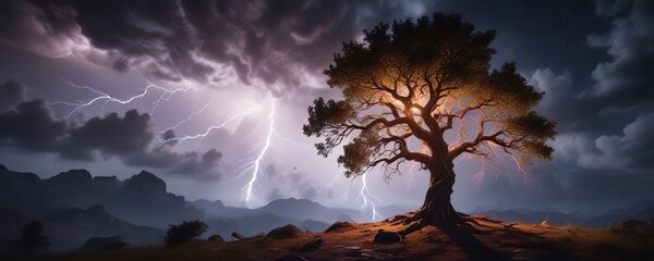 A majestic tree ablaze against the backdrop of a turbulent tempestuous night sky illuminated by a brilliant bolt of lightning, dramatic atmosphere, fiery foliage , intense flames