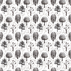 Seamless ink pattern with various types of Japanese garden trees in the form of graphic black and white silhouettes