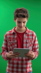 A blockchain enthusiast teen explaining cryptocurrency concepts on a tablet, background is greenscreen