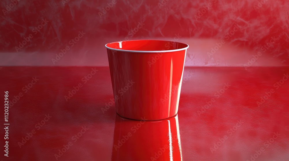 Poster bright red bucket on glossy red surface with subtle texture enhancements, perfect for creative backg