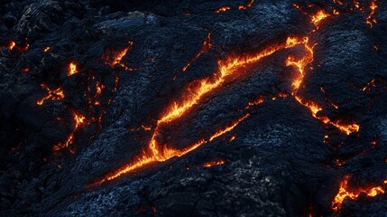 A close-up view of glowing lava flows on a volcanic surface, showcasing the intense heat and motion.