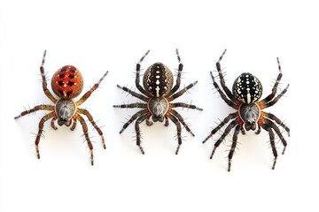 Obraz premium PNG Three spiders arranged on a white background.