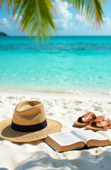 A straw hat and sandals lie next to an open book on the sandy beach beside the vibrant turquoise water