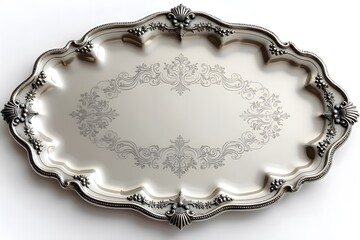 Elegant Vintage Silver Serving Tray with Rococo Design on White Background