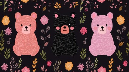 Three cute cartoon bears amidst colorful flowers and foliage on a dark background.
