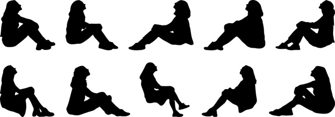 set of silhouette woman sitting vector. transparent background