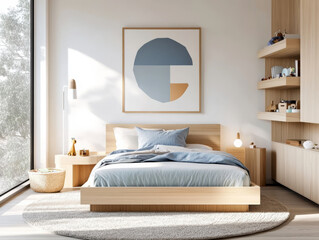 Minimalist Children's Bedroom with Wooden Bed, Geometric Wall Art, and Large Window