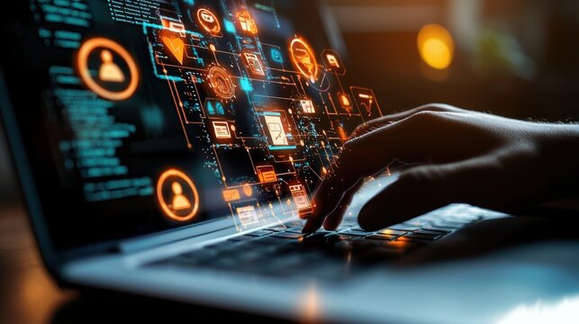 Enrolling in Online Course: User Filling Digital Registration Form on Laptop with Educational Icons in Background