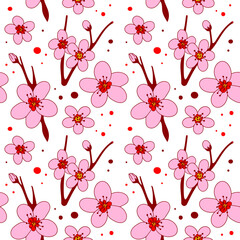 Plum Blossom Seamless Pattern. Japanese, Chinese, Eastern style, Lunar New Year, endless ornament. Pink flowers on a white background. Wallpapers, backgrounds, print, textile, packaging, papers