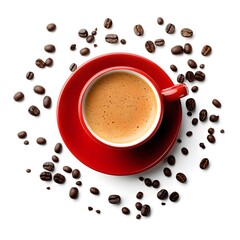 Red Cup of Coffee with Coffee Beans Aromatic Beverage Morning Drink