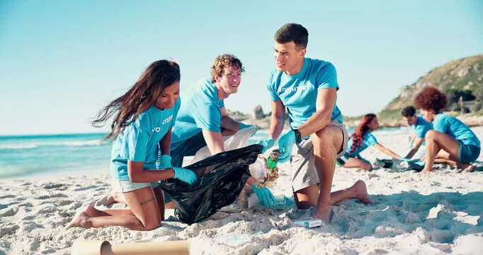 Volunteer, helping and trash with people at beach for recycling, environment cleaning and social responsibility. Community service, pollution and waste disposal with friends for climate change