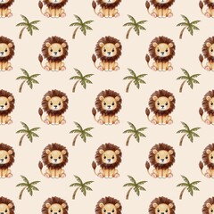 Obraz premium Watercolor pattern of playful lions surrounded by tropical palm trees