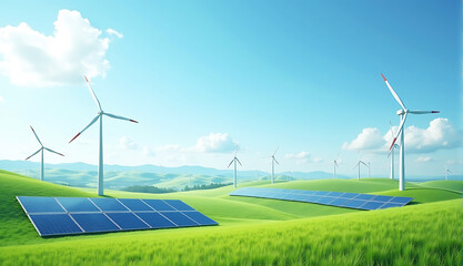 Modern battery energy storage system with Sustainable energy landscape, vast wind turbines, solar panels in the foreground, rolling green hills