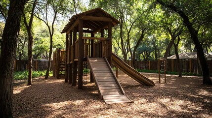 A wooden playground structure with a slide, surrounded by trees, set on a bed of wood chips in a sunny outdoor environment.