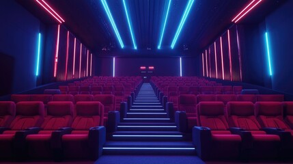 Modern Cinematic Experience with Futuristic Lighting and Plush Seating in a Spacious Movie Theater Interior
