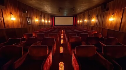 Cozy vintage cinema interior featuring plush red seating, warm lighting, and a large screen ready for movie projection, creating an inviting atmosphere for film lovers.