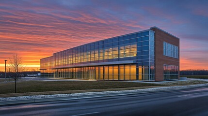 Obraz premium A modern glass building reflecting a vibrant sunset, showcasing contemporary architecture.