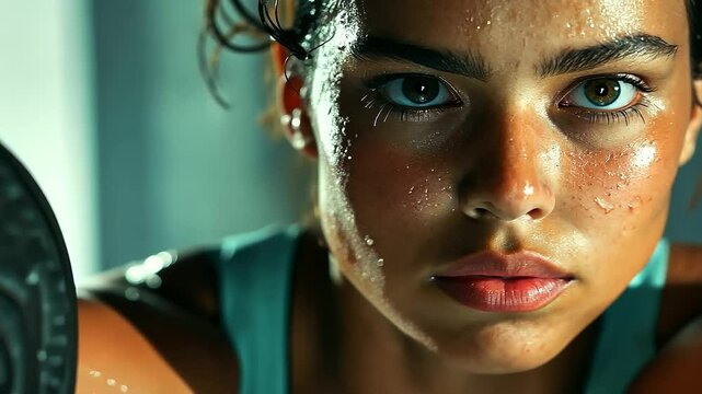 A close-up of a girl doing a bicep curl with a dumbbell, sweat glistening on her face as she concentrates on her workout. The gym setting is well-lit, with mirrors reflecting her f
