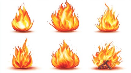 Six realistic fire flames illustrations isolated on white background.