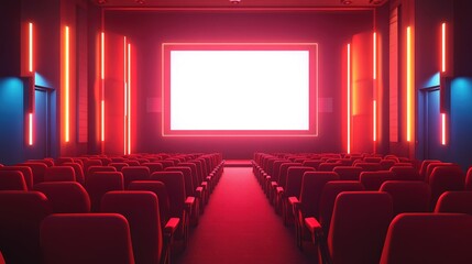 Modern Cinema Interior with Rows of Red Seats and Bright Screen in a Dark Atmosphere Enhanced by Colorful Neon Lighting