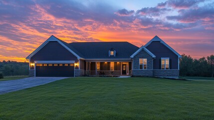 Obraz premium A modern house at sunset, showcasing architecture and serene landscaping.