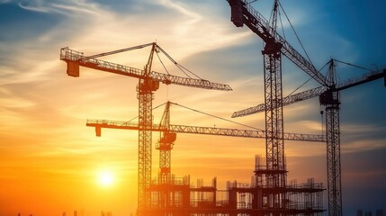 Construction cranes silhouetted against a vibrant sunset, showcasing a bustling construction site.