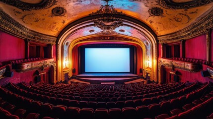 Obraz premium Elegant Vintage Theater Interior with Plush Red Seating and Grand Stage, Perfect for Film Screenings and Live Performances in Historic Venue