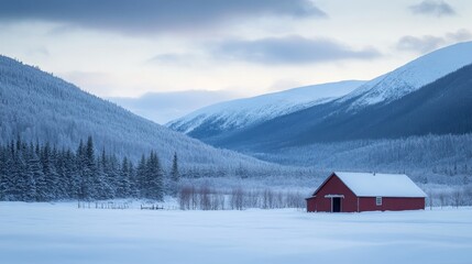 A serene winter landscape featuring a red barn amidst snow-covered mountains and trees.