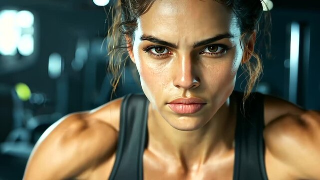 A dynamic shot of a girl working out on a rowing machine, with a look of focus as she pulls back with strong arms. The gym around her is bustling with activity, with equipment visi
