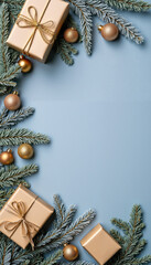 Festive Christmas Frame with Gold Gift Boxes, Glittery Ornaments, Frosted Pine Branches, and Pinecones on a Light Blue Background for Holiday Celebrations