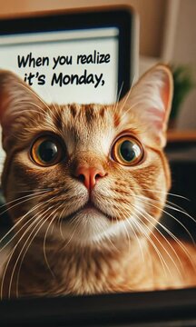 A surprised cat's face with big eyes, expressing the feeling of realizing it's Monday.
