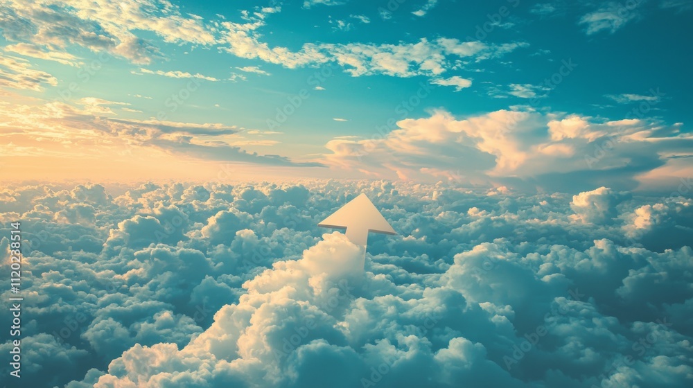 Poster a bold arrow directs attention skyward, surrounded by soft clouds illuminated by warm twilight hues.
