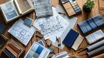 Obraz premium Flatlay of interior design project; blueprints, fabric swatches, and material samples on wood.