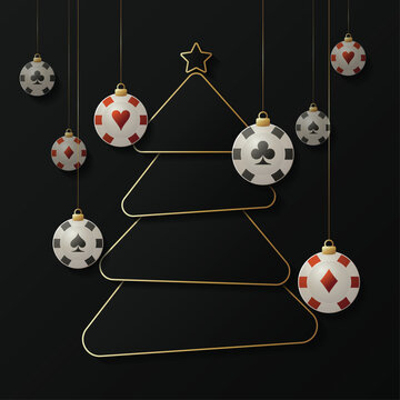 Happy New Year in Casino, gold Christmas tree with a star on top, and casino chips as a Christmas tree decor.