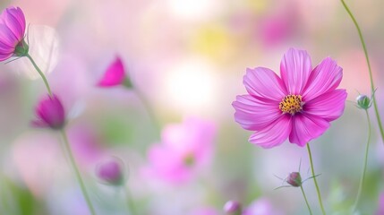 Fototapeta premium A soft-focus image of vibrant pink flower blooming in a serene, colorful garden setting.