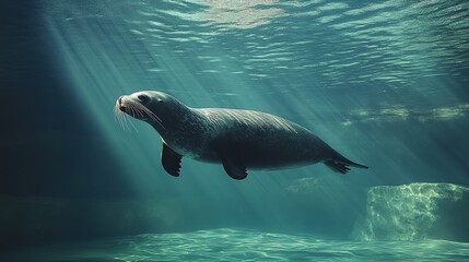 Obraz premium Underwater sea lion gracefully swimming in sunlit water.