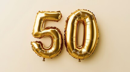 Shimmering Gold Balloon Number Fifty on Neutral Background - Celebrate Milestones with Metallic Texture Party Decor