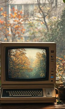 A vintage computer displays a serene forest scene, surrounded by plants in a cozy setting.