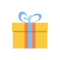 Yellow Gift Boxes with Blue and Orange Ribbons. Flat Design