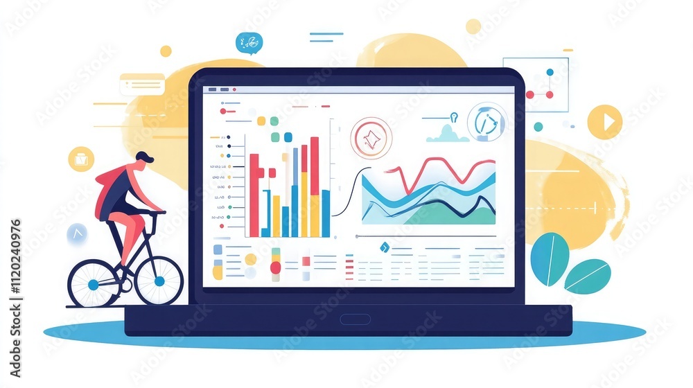 Poster a laptop displaying an interactive e-learning platform with colorful graphs and charts