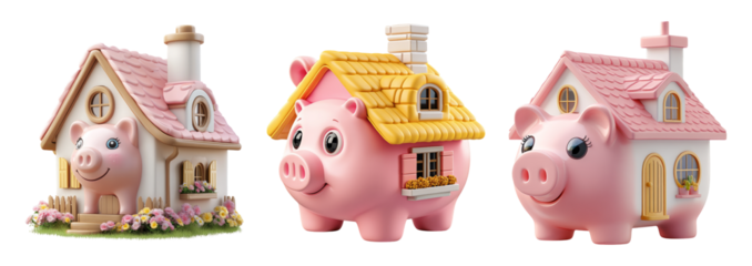 Cute Piggy Banks with House Design on Transparent Background