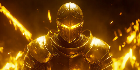 A knight in shining armor ready for battle with golden light emanating from his helmet and breastplate.