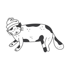 Cat with a towel on his head. Pet hygiene. Pet grooming doodle vector illustration.