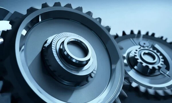 Exploring the intricate mechanics of gears in a modern industrial setting at dusk. Generative AI