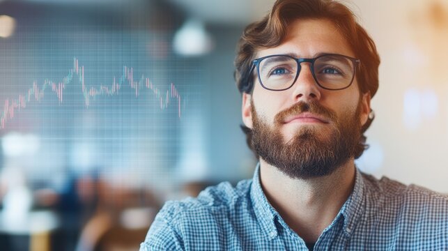 Thoughtful man with glasses contemplating financial data in a modern office environment with stock market trends and graphs in the background