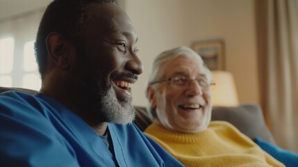 A black male home health care worker assists an elderly man in his home	
