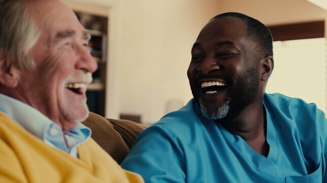 A black male home health care worker assists an elderly man in his home	
